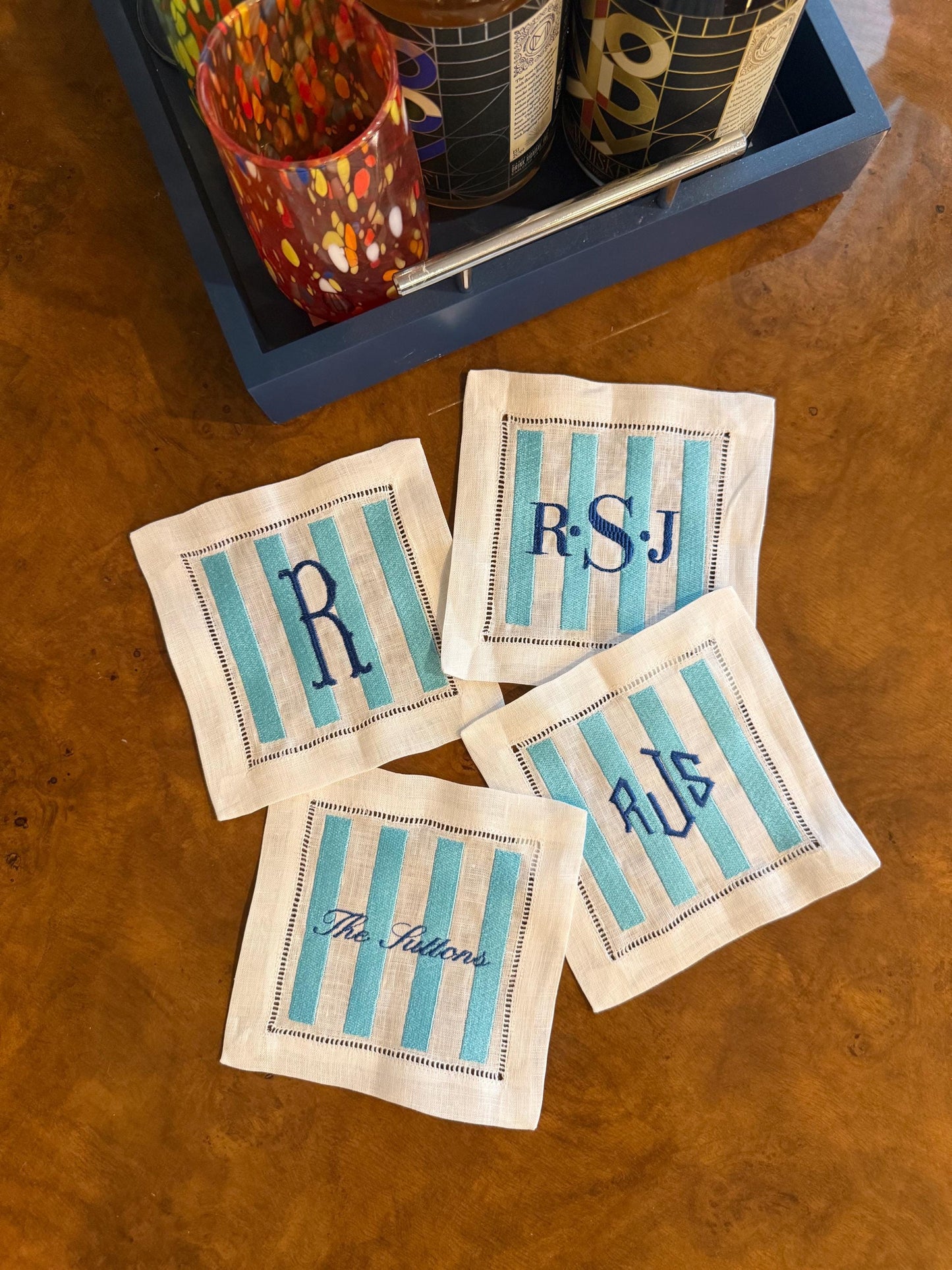 The Hamptons | Set of 4 Custom Linen Coasters with Monogram