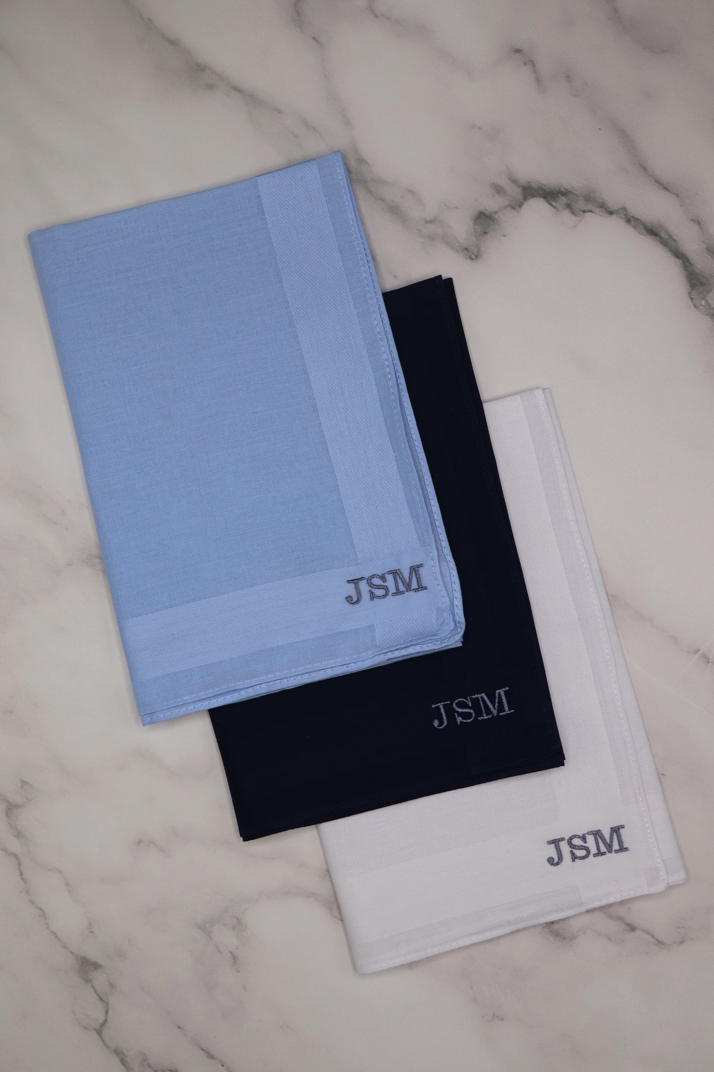 The London Set – Personalized Handkerchiefs with Classic Serif Initials, Embroidered Monogram, Custom 5-Pack Gift for Him or Her