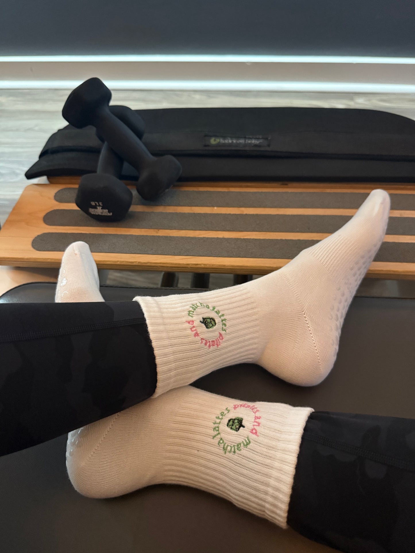 Matcha Latte Embroidered Socks – Pilates and Matcha Lattes | Crew, Calf, or Non-Slip for Pilates, Barre, Athleisure
