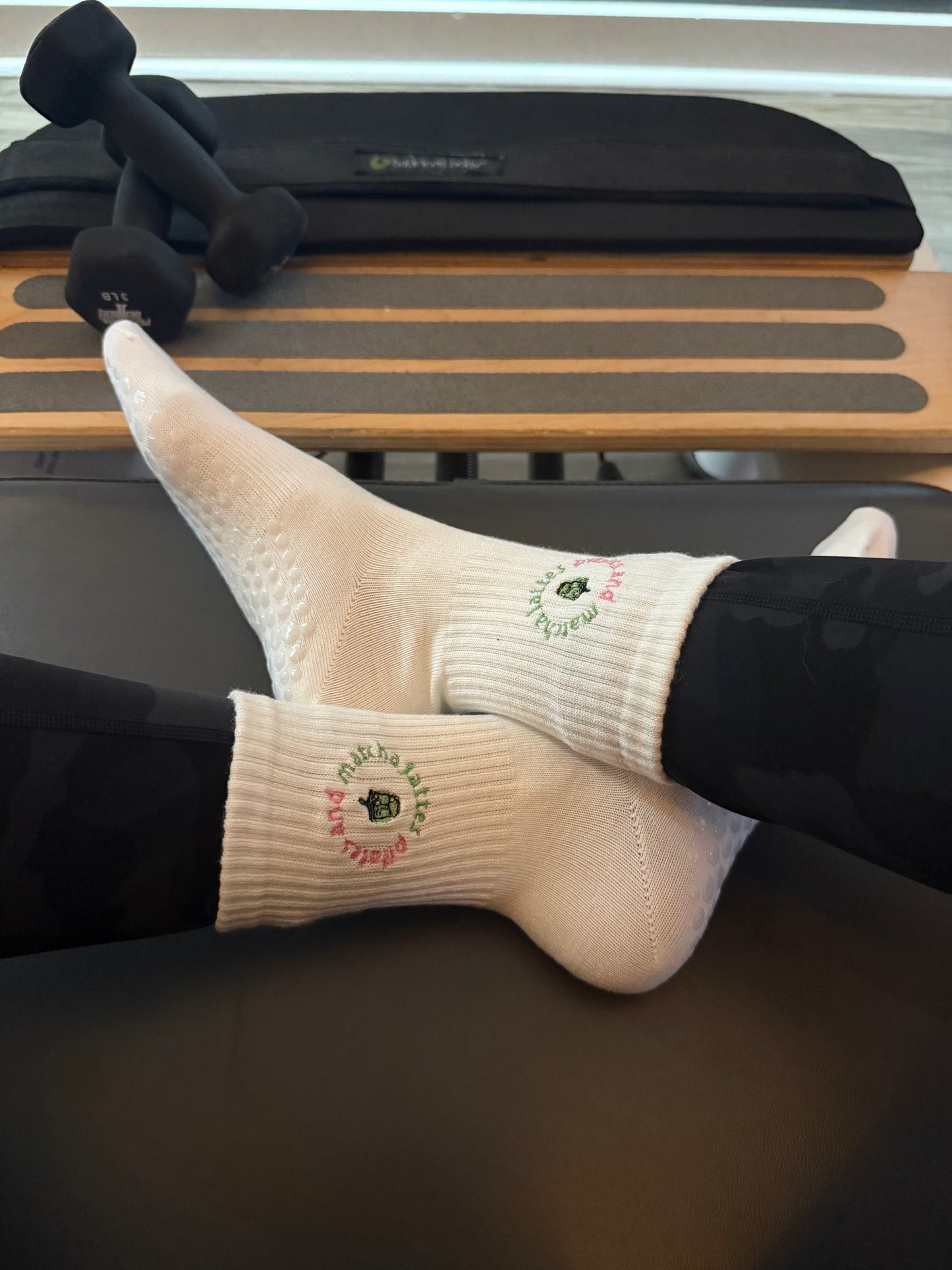 Matcha Latte Embroidered Socks – Pilates and Matcha Lattes | Crew, Calf, or Non-Slip for Pilates, Barre, Athleisure
