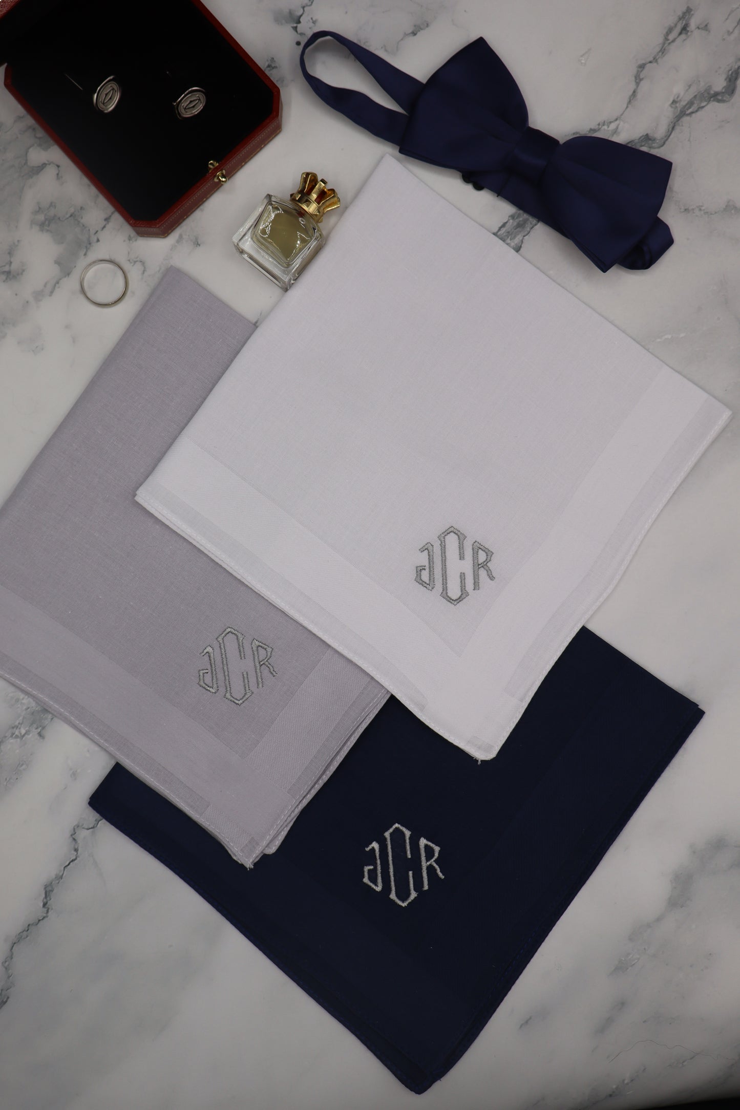 The New York Set – Personalized Handkerchiefs with Classic Serif Initials, Embroidered Monogram, Custom 5-Pack Gift for Him or Her