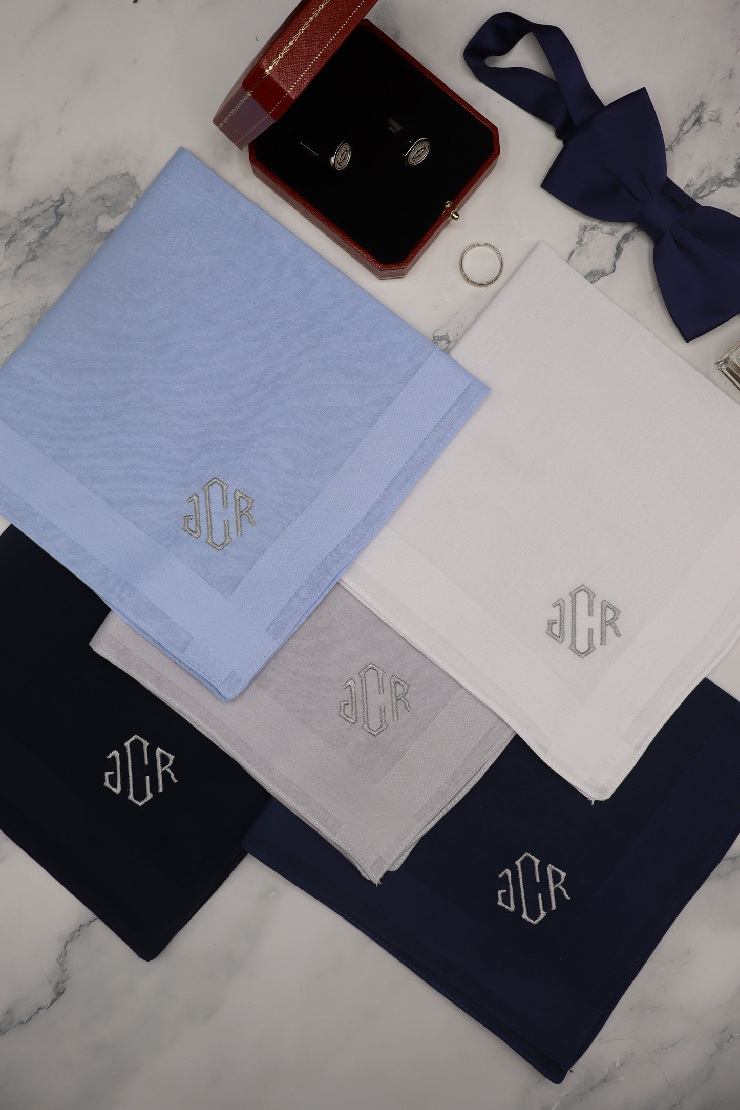 The New York Set – Personalized Handkerchiefs with Classic Serif Initials, Embroidered Monogram, Custom 5-Pack Gift for Him or Her