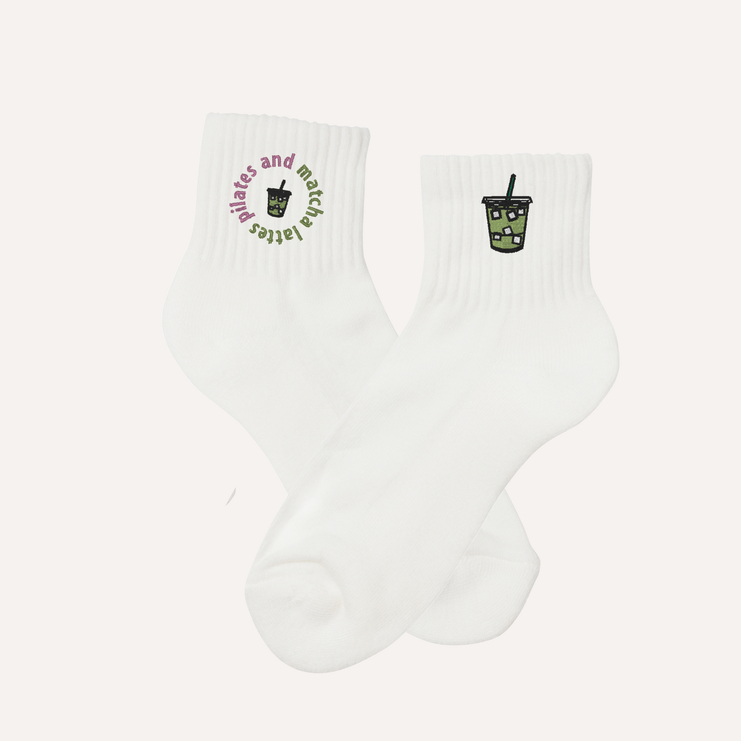 Matcha Latte Embroidered Socks – Pilates and Matcha Lattes | Crew, Calf, or Non-Slip for Pilates, Barre, Athleisure