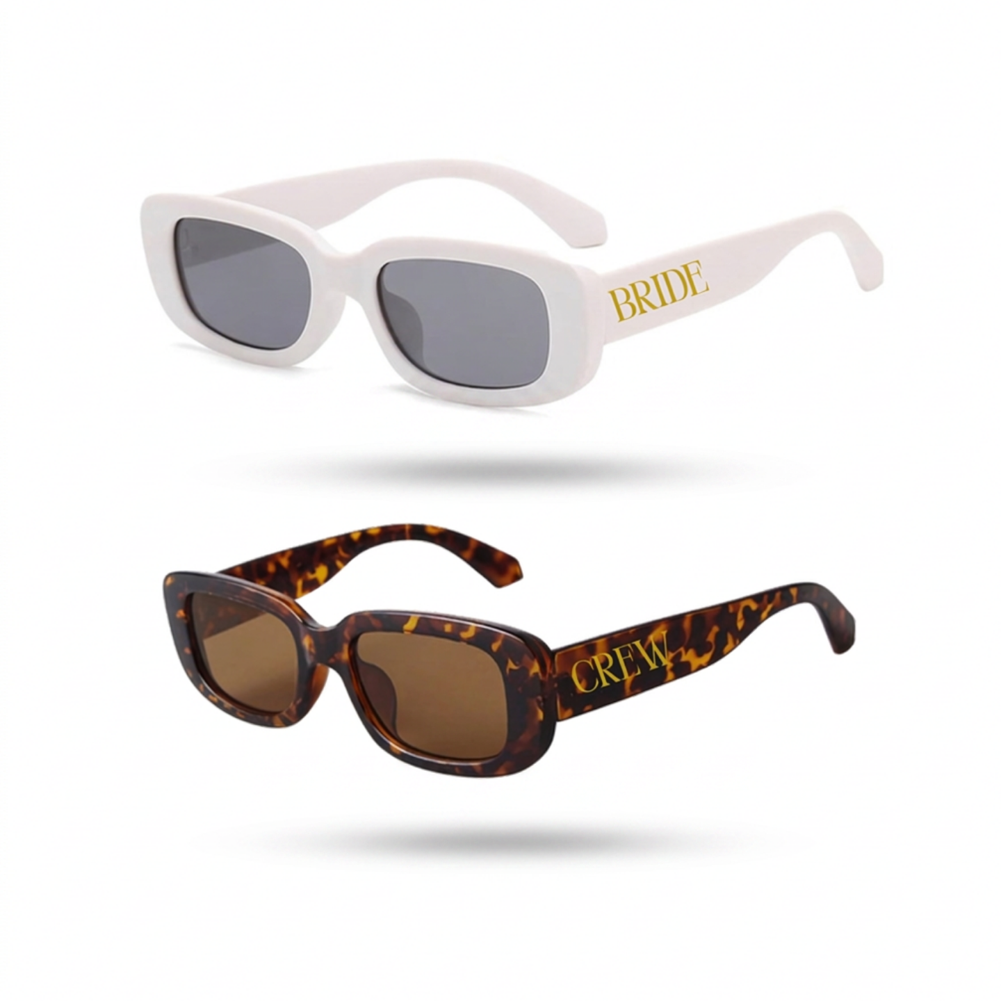 Two pairs of sunglasses with 'Bride' and 'Bride Crew' text on a white background