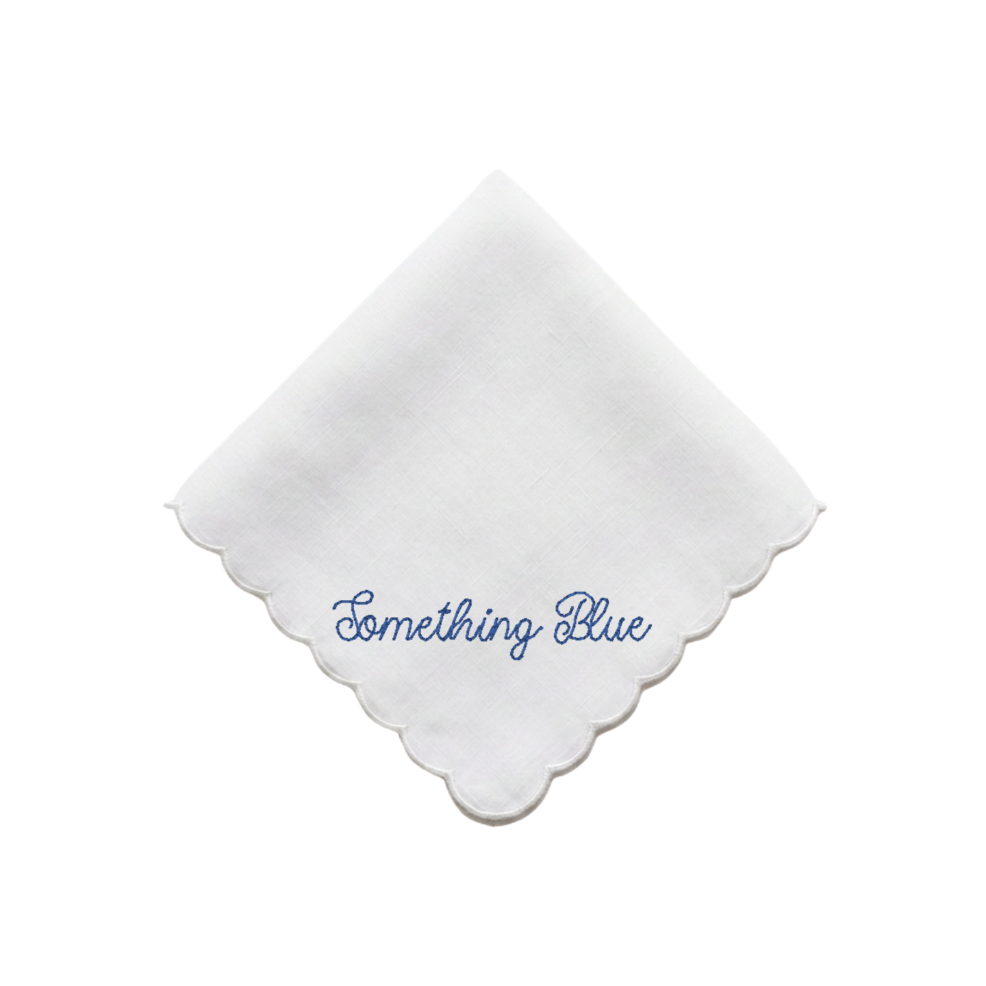 A white square handkerchief with a scalloped edge, featuring the phrase 'Something Blue' embroidered in blue script near one corner, shown on a plain white background.