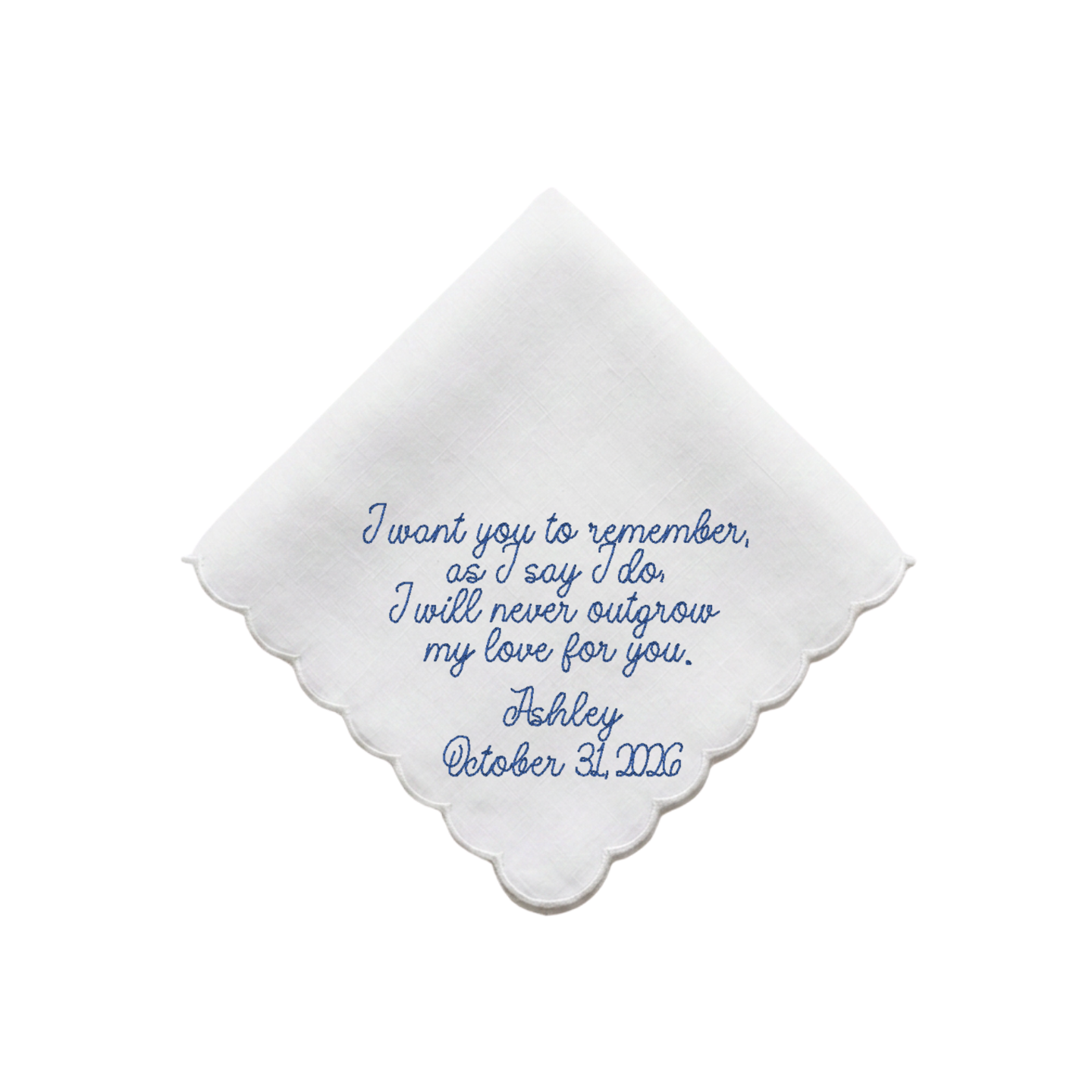 A white square handkerchief with scalloped edges, featuring personalized blue cursive embroidery on a clean white background.