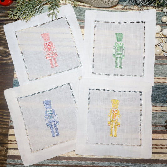 Nutcracker Embroidered Linen Coasters – 6x6” Two-Tone Christmas Designs