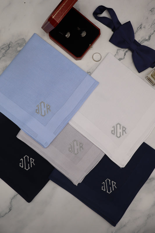 The New York Set – Personalized Handkerchiefs with Classic Serif Initials, Embroidered Monogram, Custom 5-Pack Gift for Him or Her