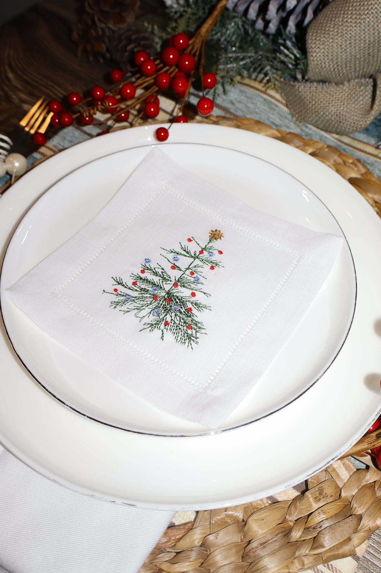 Blue Christmas Embroidered Linen Coasters – Nutcracker, Wreath, Tree & Baubles | 6x6” Holiday Decor