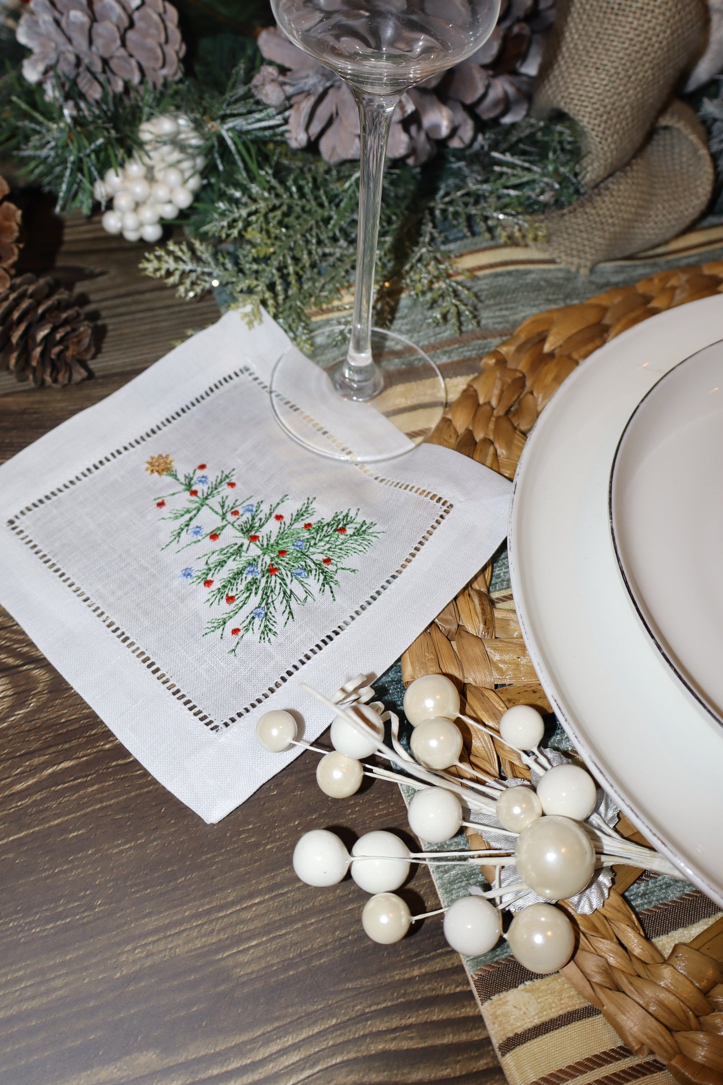 Blue Christmas Embroidered Linen Coasters – Nutcracker, Wreath, Tree & Baubles | 6x6” Holiday Decor