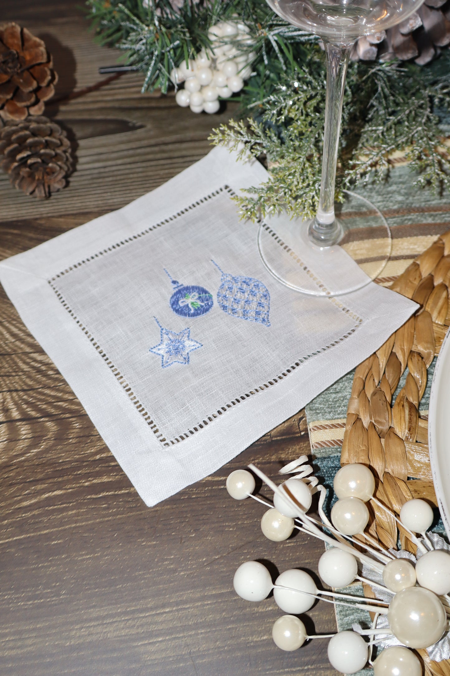Blue Christmas Embroidered Linen Coasters – Nutcracker, Wreath, Tree & Baubles | 6x6” Holiday Decor