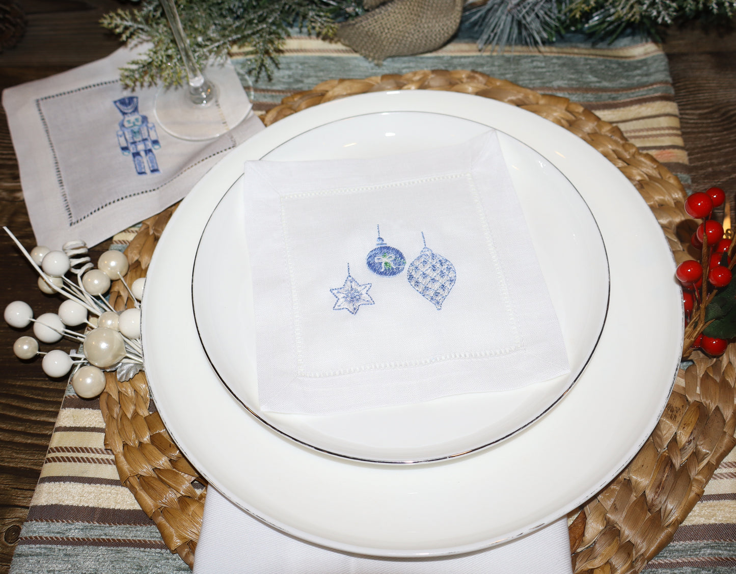 Blue Christmas Embroidered Linen Coasters – Nutcracker, Wreath, Tree & Baubles | 6x6” Holiday Decor