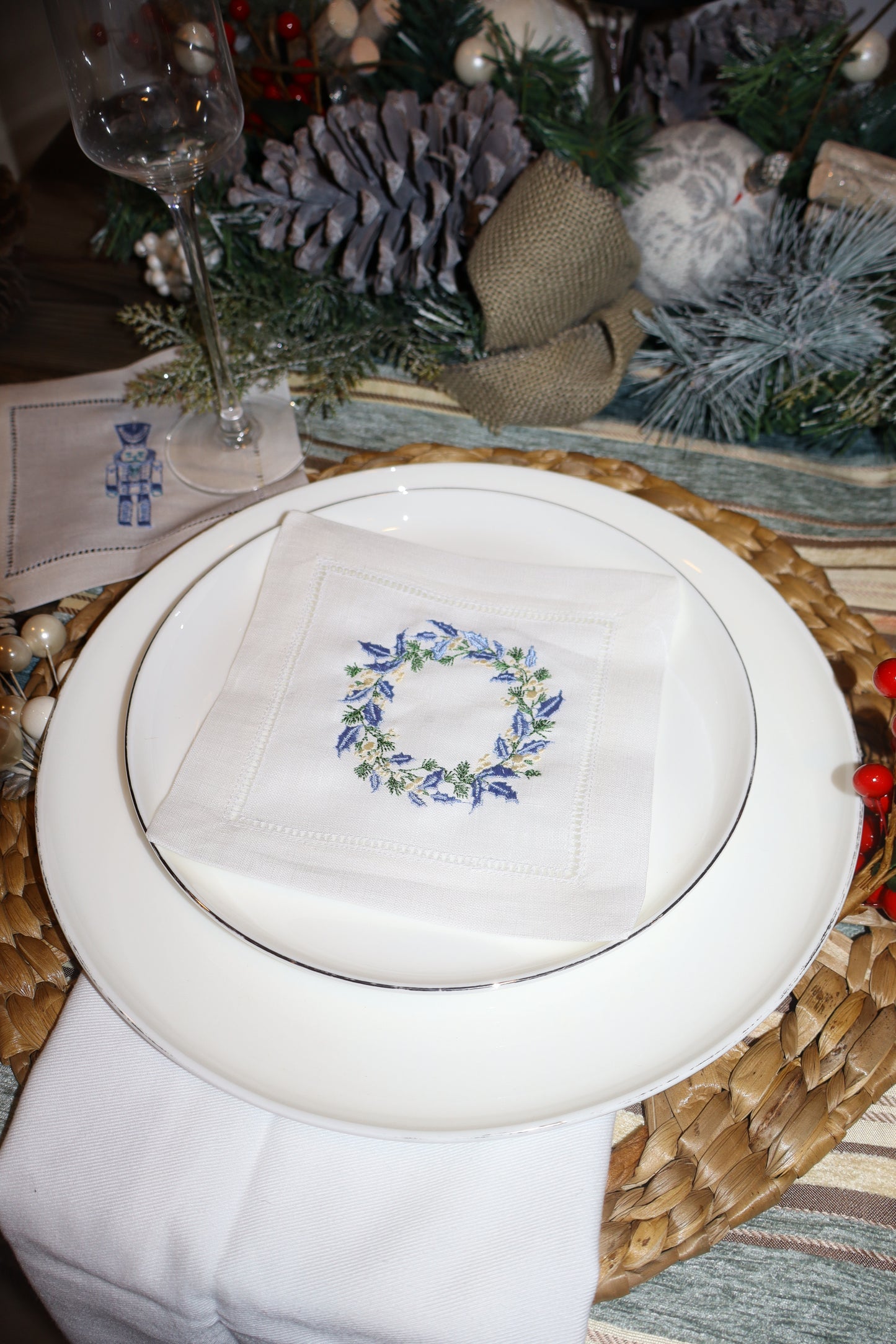 Blue Christmas Embroidered Linen Coasters – Nutcracker, Wreath, Tree & Baubles | 6x6” Holiday Decor