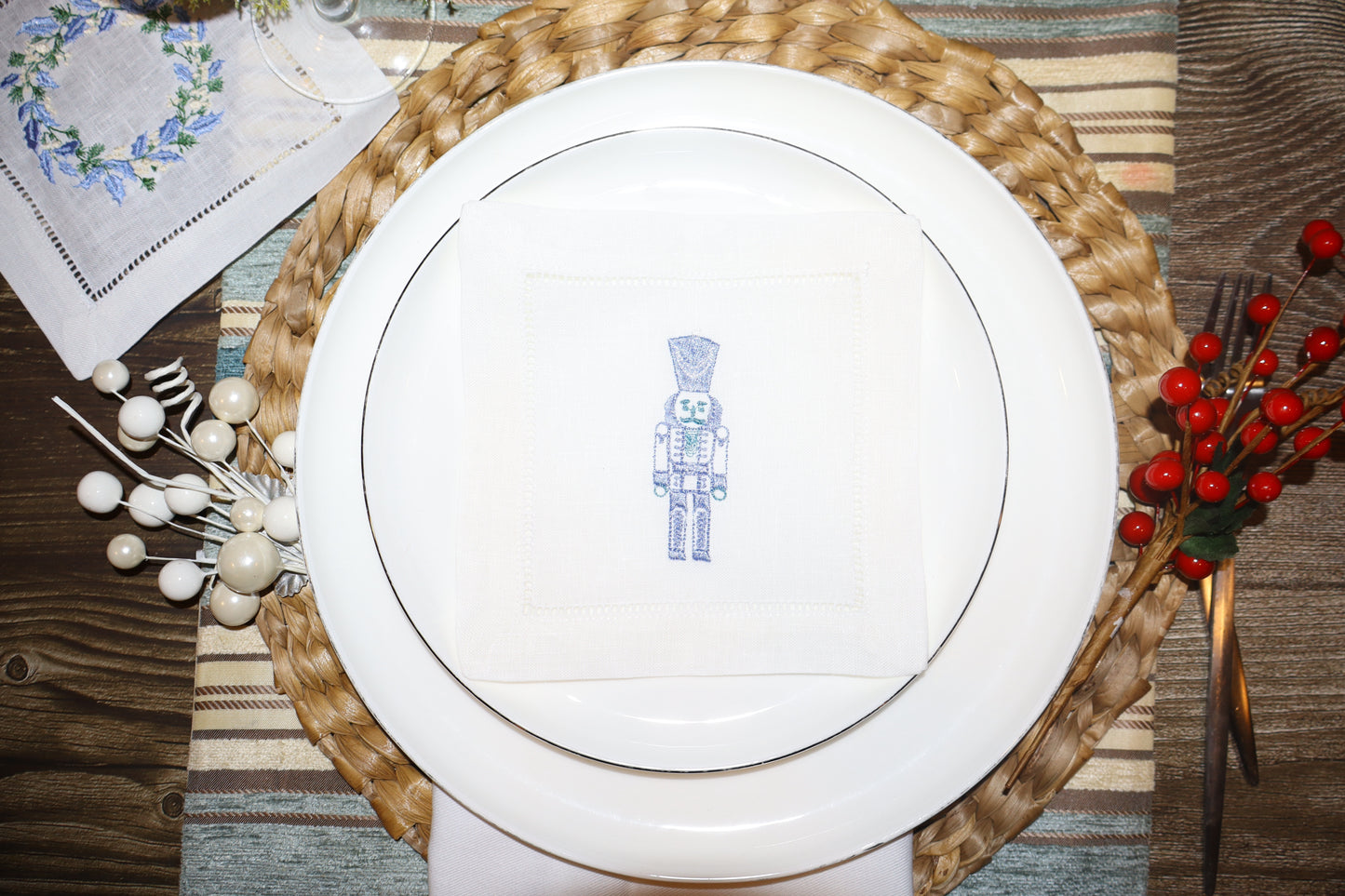 Blue Christmas Embroidered Linen Coasters – Nutcracker, Wreath, Tree & Baubles | 6x6” Holiday Decor