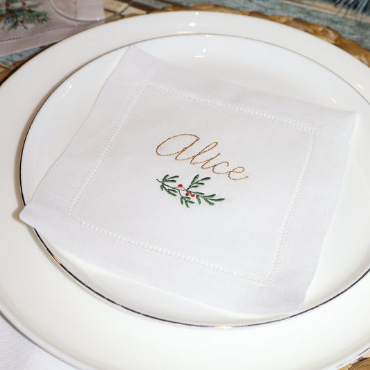 Personalized Christmas Linen Coasters – Custom Name Embroidery with Wreath | Holiday Place Setting 6x6”