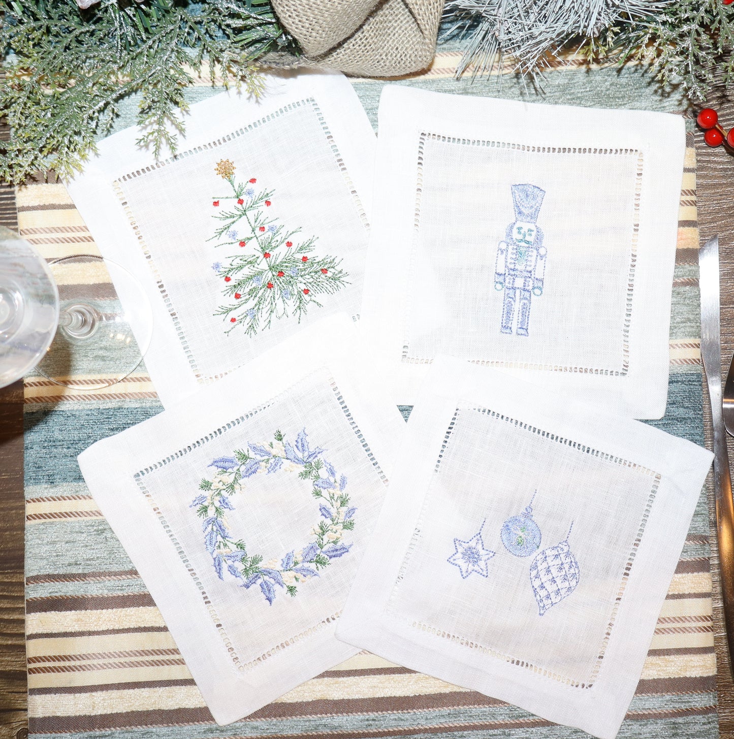 Blue Christmas Embroidered Linen Coasters – Nutcracker, Wreath, Tree & Baubles | 6x6” Holiday Decor