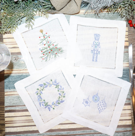 Blue Christmas Embroidered Linen Coasters – Nutcracker, Wreath, Tree & Baubles | 6x6” Holiday Decor