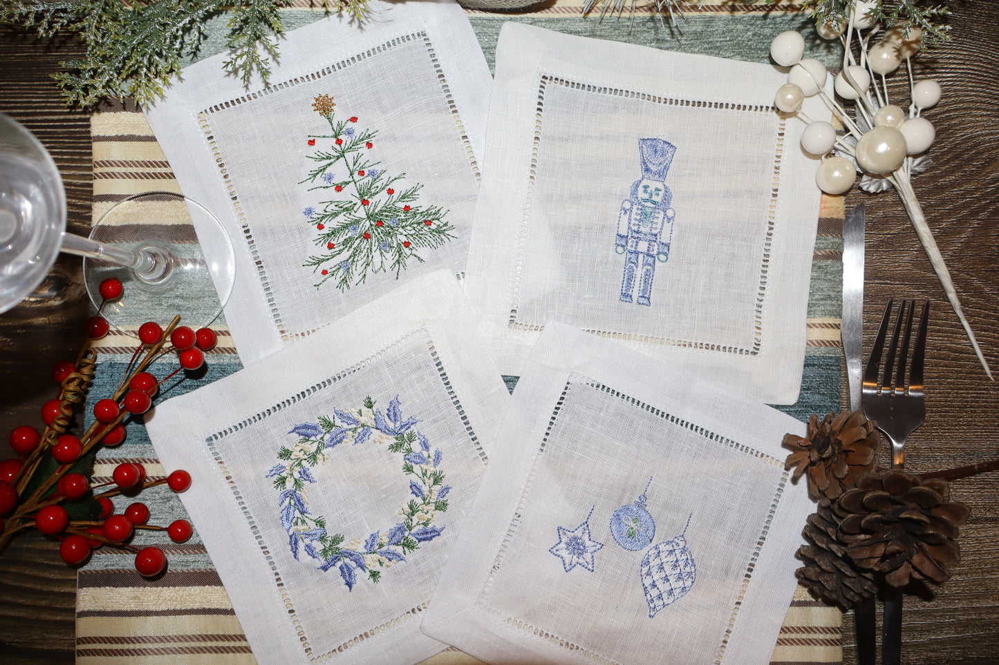 Blue Christmas Embroidered Linen Coasters – Nutcracker, Wreath, Tree & Baubles | 6x6” Holiday Decor