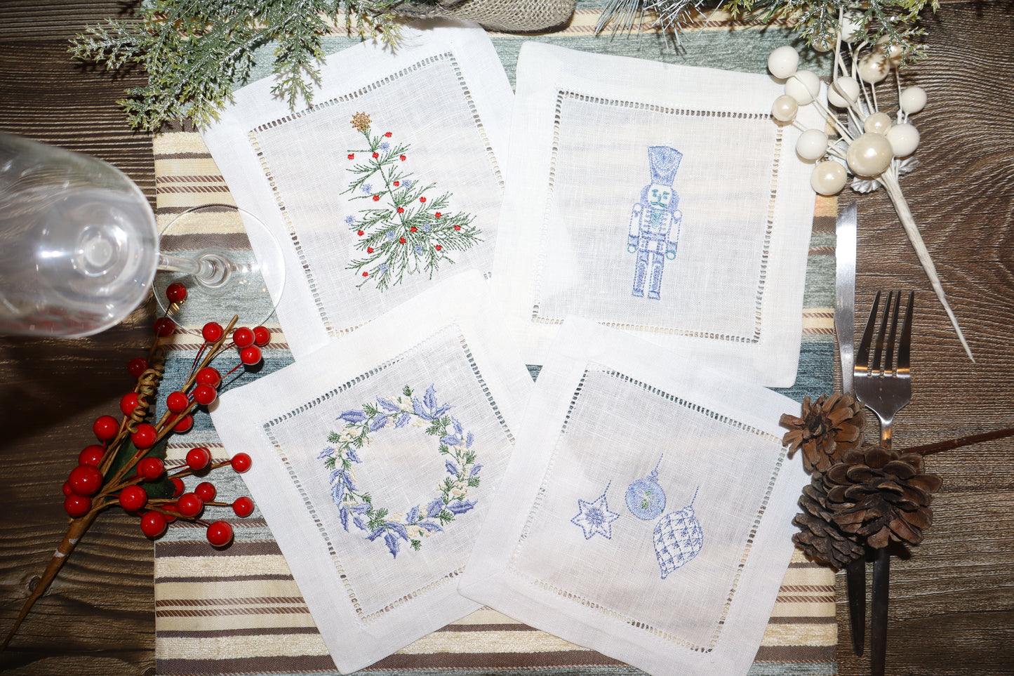 Blue Christmas Embroidered Linen Coasters – Nutcracker, Wreath, Tree & Baubles | 6x6” Holiday Decor