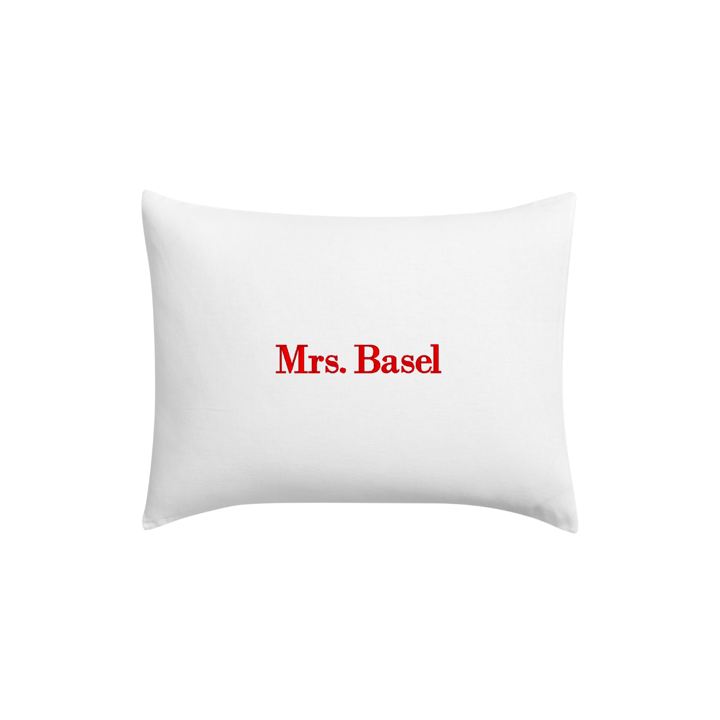 A white rectangular pillow with the text 'Mrs. Basel' printed in red serif font in the center, shown against a plain white background.