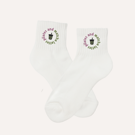 Matcha Latte Embroidered Socks – Pilates and Matcha Lattes | Crew, Calf, or Non-Slip for Pilates, Barre, Athleisure
