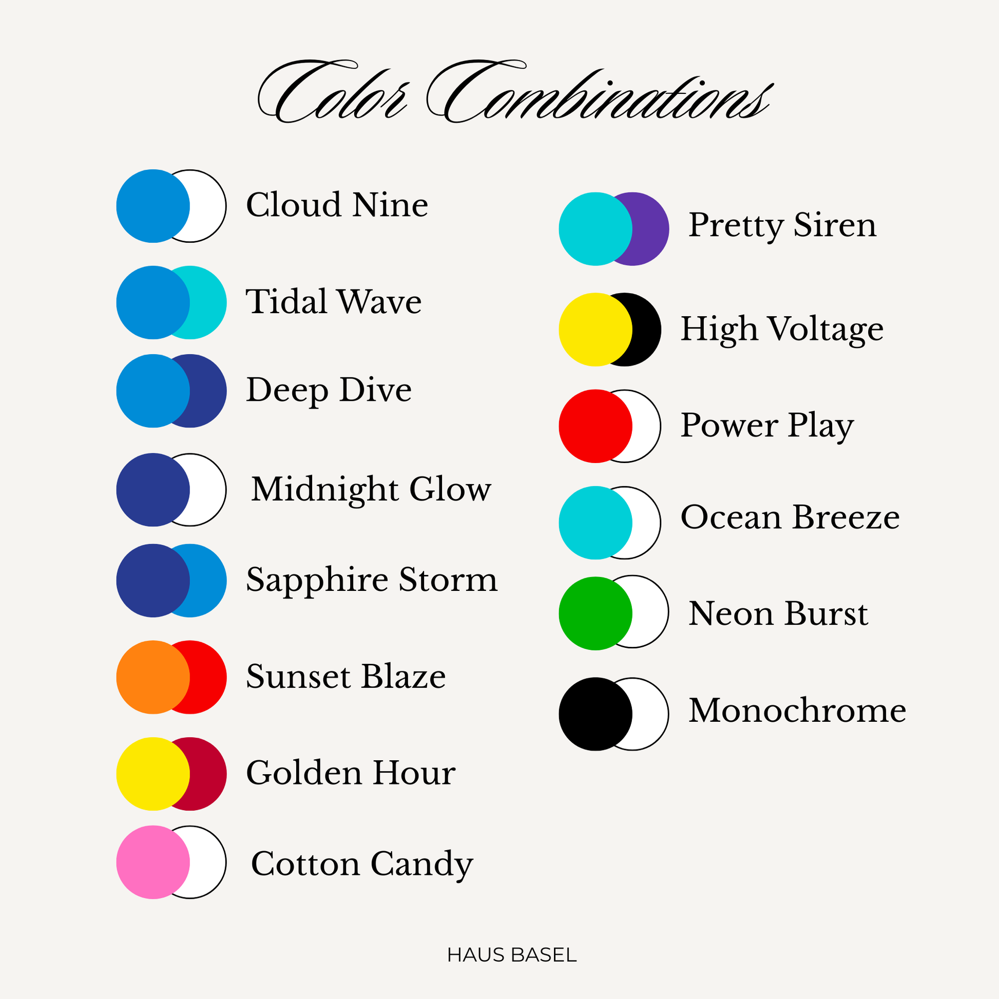 Color combination chart with various color pairs and names, featuring Haus Basel branding.